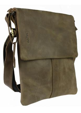 Чоловіча шкіряна сумка через плече планшет месендджер з клапаном оливкова gmsmvp782 фото