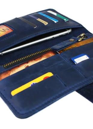 Женский кожаный кошелек клатч купюрник из натуральной кожи синий5 фото