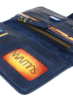 Женский кожаный кошелек клатч купюрник из натуральной кожи синий4 фото