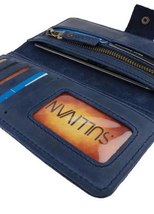 Мужской кожаный кошелек лонгер купюрник из натуральной кожи синий5 фото
