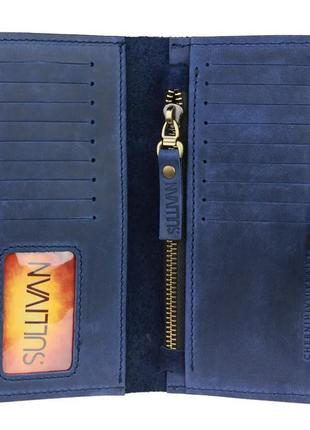 Чоловічий шкіряний гаманець купюрник-ленгер із натуральної шкіри синій3 фото