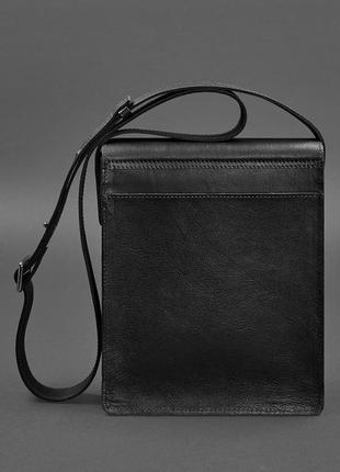 Мужская кожаная сумка через плечо планшет мессенджер с клапаном черная5 фото