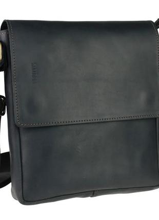 Чоловіча шкіряна сумка через плече планшет месендджер з клапаном чорна (жовта фурнітура) gmsmvp102
