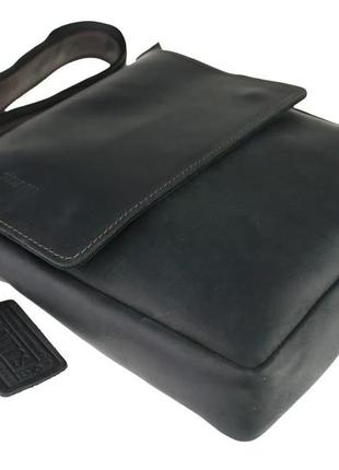 Чоловіча шкіряна сумка через плече планшет месендджер з клапаном чорна (жовта фурнітура) gmsmvp1023 фото