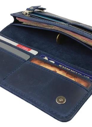 Мужской кожаный кошелек купюрник лонгер из натуральной кожи на магнитах синий4 фото