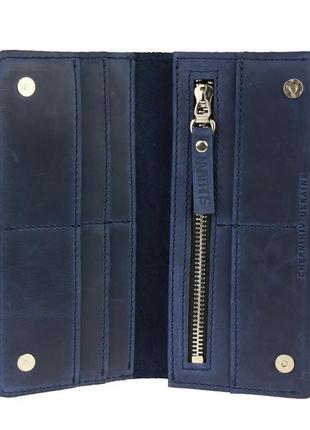 Мужской кожаный кошелек купюрник лонгер из натуральной кожи на магнитах синий3 фото