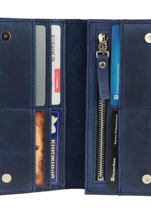 Чоловічий шкіряний гаманець купюрник-ленгер із натуральної шкіри на магнітах синій