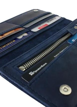Мужской кожаный кошелек купюрник лонгер из натуральной кожи на магнитах синий7 фото