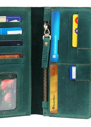 Мужской кожаный кошелек купюрник лонгер из натуральной кожи зеленый