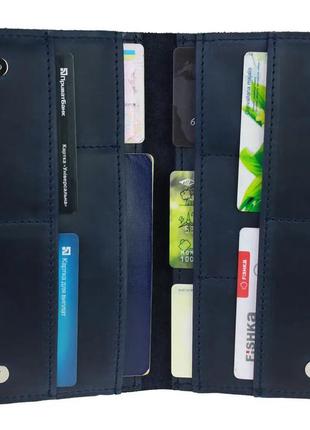 Мужской кожаный кошелек лонгер тревел-кейс с отделом для паспорта из натуральной кожи синий
