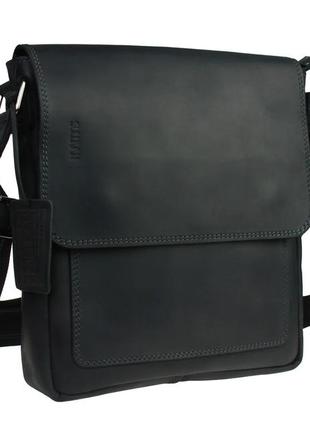 Мужская кожаная сумка через плечо планшет мессенджер с клапаном черная gmsmvp68