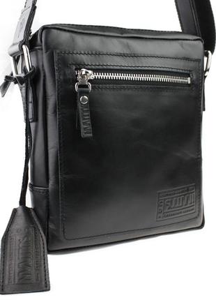 Мужская кожаная сумка через плечо планшет мессенджер гладкая мягкая кожа черная gmsmvp37