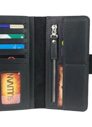 Чоловічий шкіряний гаманець-ленгер купюрник із натуральної шкіри чорний2 фото