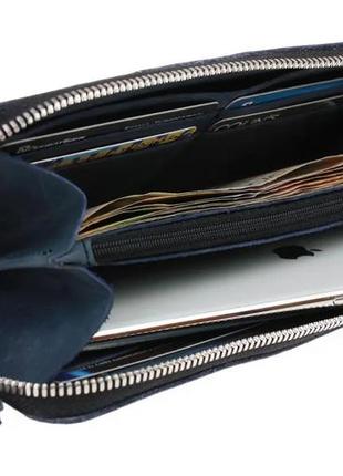 Большой мужской кошелек клатч на молнии из натуральной кожи синий