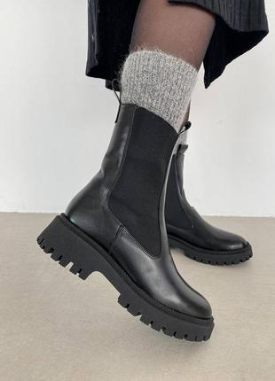 Зимние кожаные трендовые сапоги челси с мехом натуральная кожа зима ботинки черные2 фото