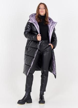 Черный длинный женский зимний пуховик с лавандовой подкладкой 44-54
