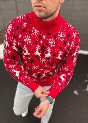 Мужской новогодний свитер с оленями белый с подворотом шерстяной4 фото