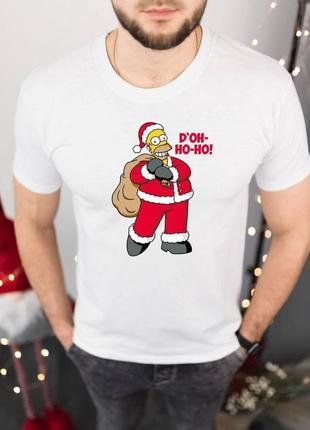 Чоловіча новорічна футболка біла "гомер хo-хo" з новорічним принтом1 фото