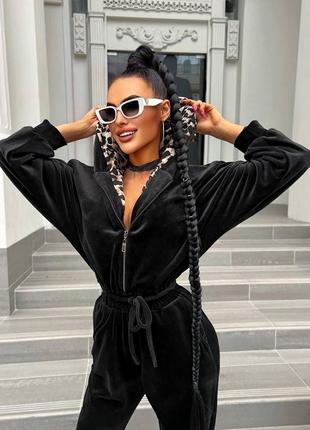 Теплый велюровый комбенизон на молнии, черного цвета, размер: 42-44, 46-48