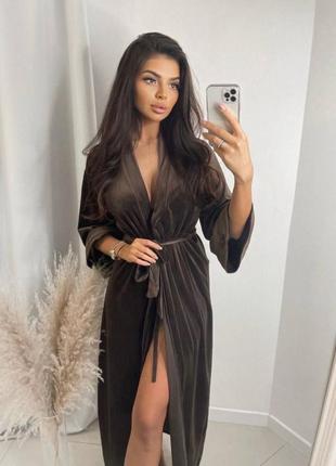 Женский велюровый халат на запах, цвет: черный, пудра, смагарвд, шоколад, размер: 42-46