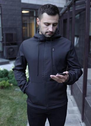 Мужская куртка soft shell с капюшоном черная осенняя до -0*с | ветровка демисезонная на флисе2 фото