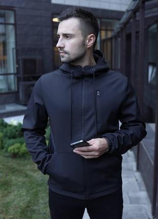 Мужская куртка soft shell с капюшоном черная осенняя до -0*с | ветровка демисезонная на флисе6 фото