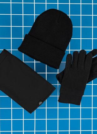 Чоловічий зимовий комплект 3в1 шапка бафф і рукавички чорний