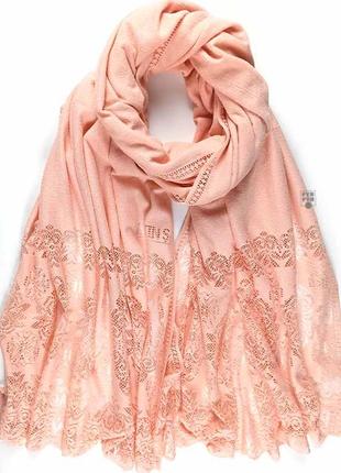 Теплый кружевной шарф кашемировый палантин персиково-розовый ажурный кружево новый