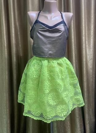 Кружевная, пышная салатная юбка boohoo, размер 10/ m1 фото