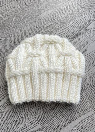 Шапка тепла молочна подвійна зимова на флісі шерсть/акрил