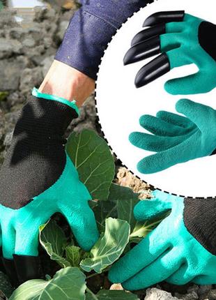 Прогумовані рукавички з кігтями garden genie gloves для роботи із землею з пластиковими наконечниками зелений
