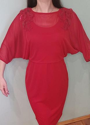 Вечернее красное платье с пайетками рукав летучая мышь