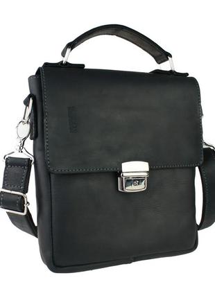 Мужская кожаная сумка-барсетка с ручкой через плечо планшет мессенджер с клапаном черная gmsmvp98