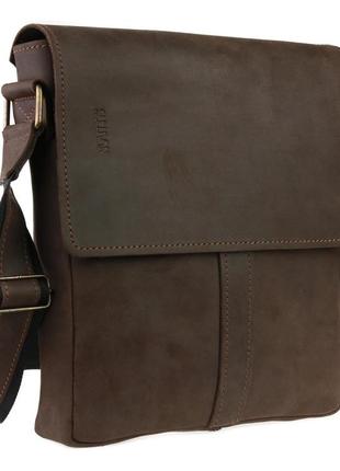 Мужская кожаная сумка через плечо планшет мессенджер с клапаном коричневая gmsmvp49