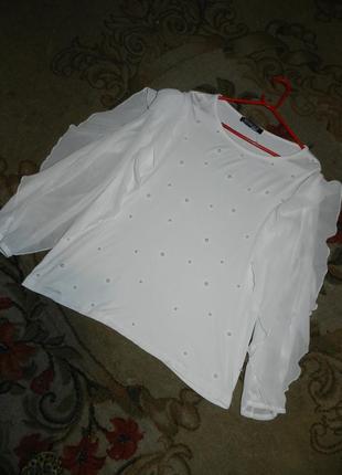 Шикарная,трикотажная-стрейч,белая блузка с жемчугом и воланами,sweet lola,италия2 фото