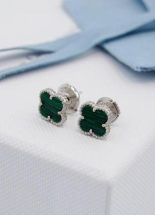 Жіночі сережки конюшина з зеленим малахітом (мотив 1) 925