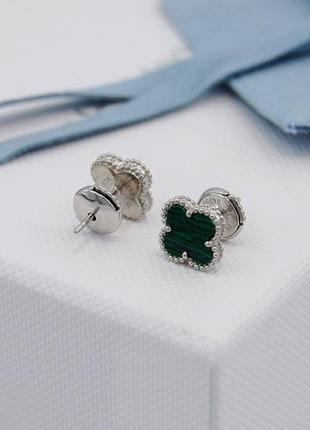 Срібні сережки у стилі конюшина з зеленим малахітом (мотив 1)3 фото