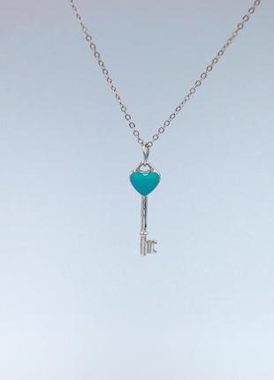 Срібна підвіска з ключиком з серцем у стилі тііфані4 фото