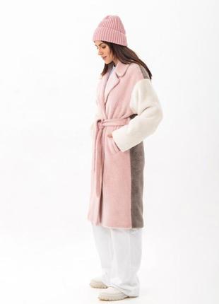Шуба - пальто женское миди эко альпака, розовое - белое - капучино, теплое, оверсайз, original brand, premium8 фото