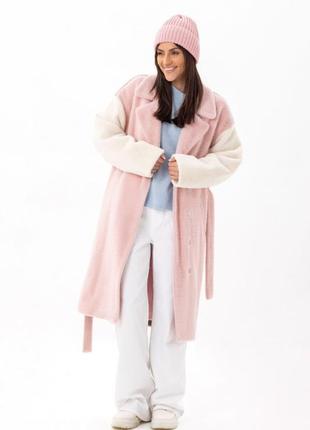 Шуба - пальто женское миди эко альпака, розовое - белое - капучино, теплое, оверсайз, original brand, premium4 фото