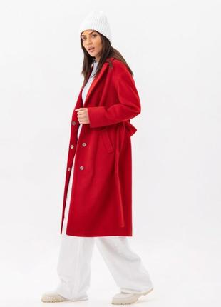 Пальто - халат женское классическое, миди, шерстяное, демисезонное, красное
