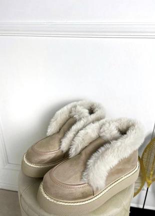 Слипоны ботинки зимние с мехом эко замша бежевые черные коричневые