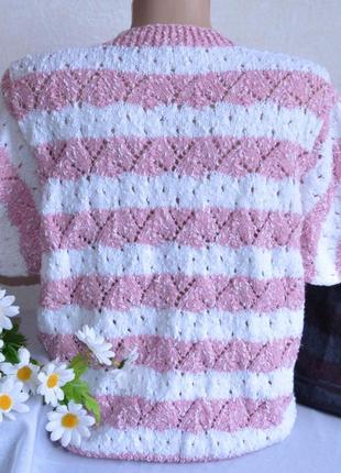 Брендовая белая вязаная теплая кофта свитер в розовую полоску на пуговицах2 фото