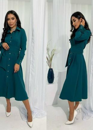 Жіноче плаття сукня з поясом міді на застібках стильне модне гарне круте повсякденне зелене5 фото