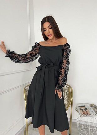 Женское платье черного цвета, с опущенными плечами и кружевными рукавами, размер: s, m,l, xl