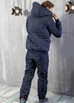 Чоловічий дутий костюм на овчині якісний теплий зимовий зима з хутром куртка з капюшоном батал великі чорний синій утеплювач під бренд лого6 фото