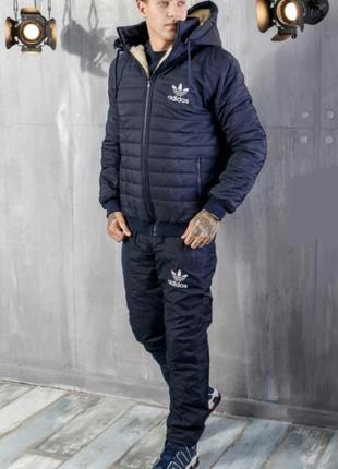 Якісний костюм теплий хутро овчини дутий дутік куртка з капюшоном штани комплект фліс батал великі оверсайз чоловічий під бренд адідас синій чорний