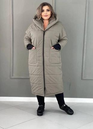 Курточка зимняя длинная стеганая большого размера батал теплая с капюшоном с карманами коричневая черная оливковая хаки бежевая парка пальто пуховик