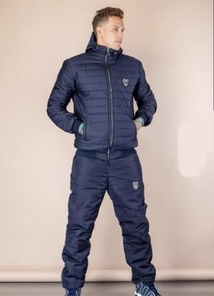 Синий костюм на овчине утепленный качественный спорт комплект куртка с капюшоном худи брюки синтепон на молнии батал большие размеры черный теплый дутик1 фото