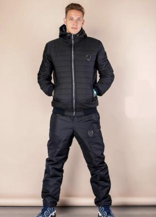 Синий костюм на овчине утепленный качественный спорт комплект куртка с капюшоном худи брюки синтепон на молнии батал большие размеры черный теплый дутик3 фото
